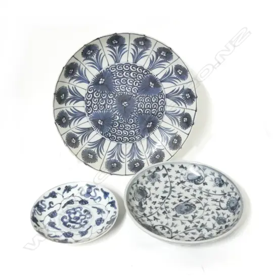 Three Chinese blue and white dishes