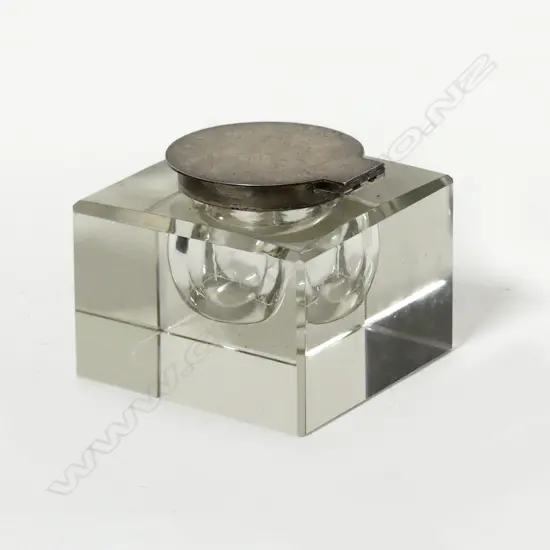 A silver topped glass cube inkwell