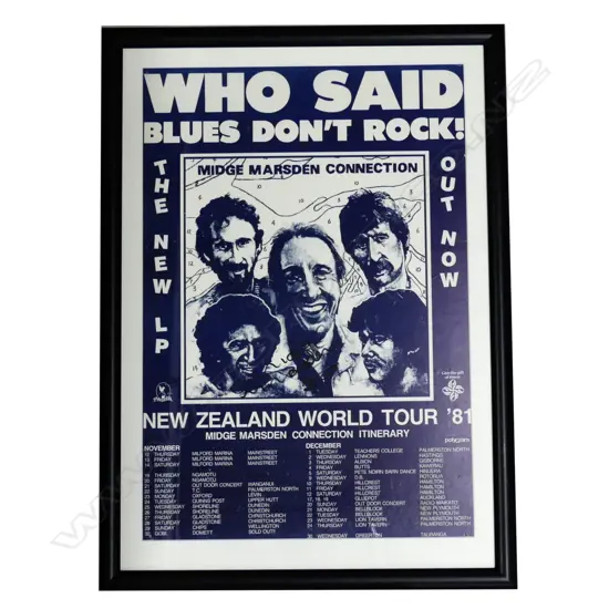 A framed promotional poster Midge Marsden Connection NZ World Tour 81