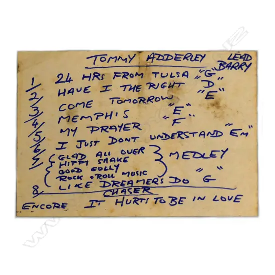 Tommy Adderley hand-written set list