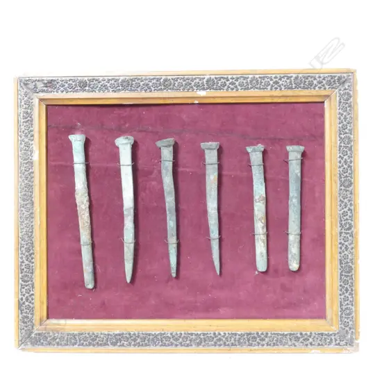 A framed display of six large copper nails