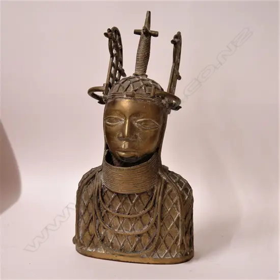 A 20thC African Benin brass sculpted ancestral head of an oba (king)