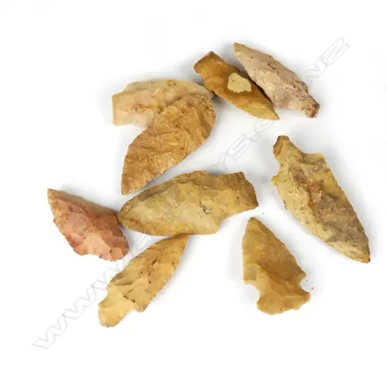 Nine knapped flint arrowheads and spear points
