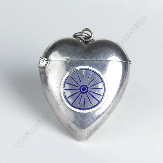 A late Victorian silver heart form and enamel vesta