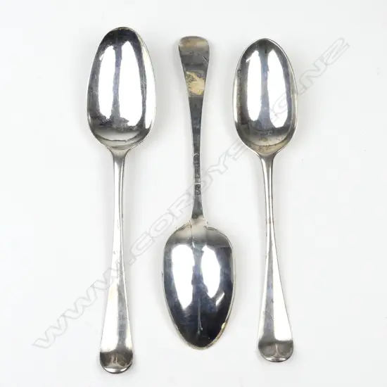 Three early George III silver bottom marked tablespoons