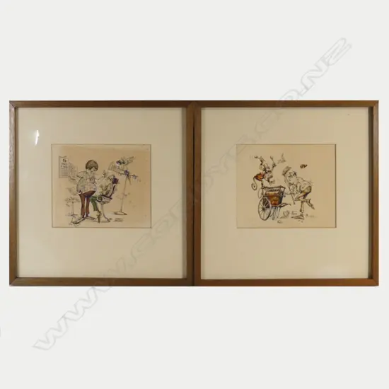 Two pen and ink drawings by Larry Bloss