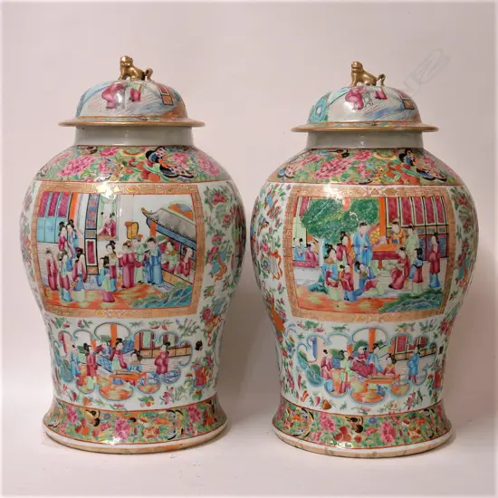 A pair of large and impressive early 19thC Canton famille rose lidded jars