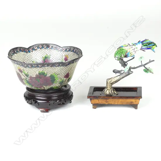 A Japanese plique-à-jour (shotai shippo) enamel bowl on stand