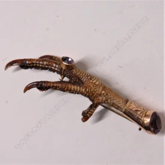 A late 19thC 9ct. yellow gold and amethyst mounted grouse claw brooch