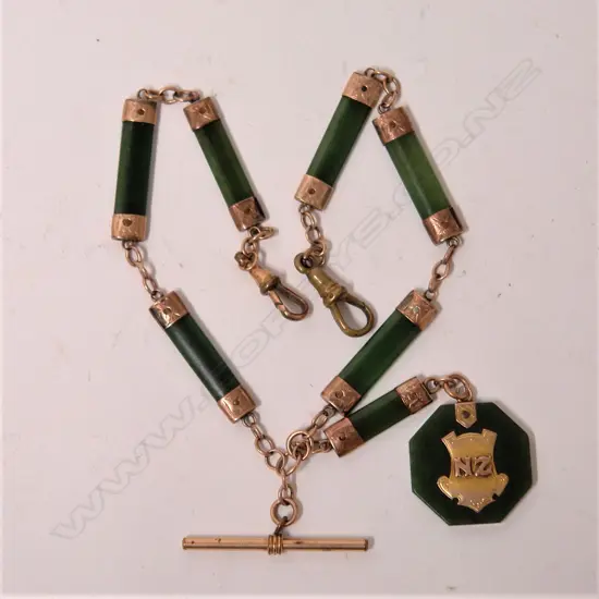 A c.1900 9ct. rose gold and N.Z. greenstone fob chain