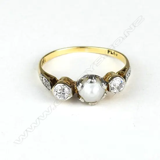 An early 20thC 18ct. yellow gold pearl and diamond lady's estate ring