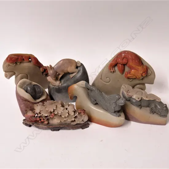 Seven vintage Chinese carved coloured soapstone sculptures