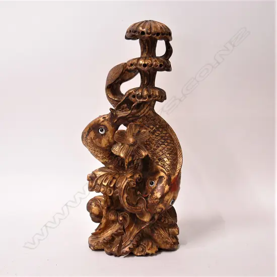 A Chinese carved and gilded twin fish sculpture