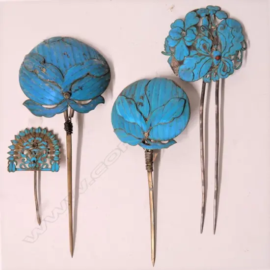 Four 19thC Chinese Kingfisher feather jewelled hair pins
