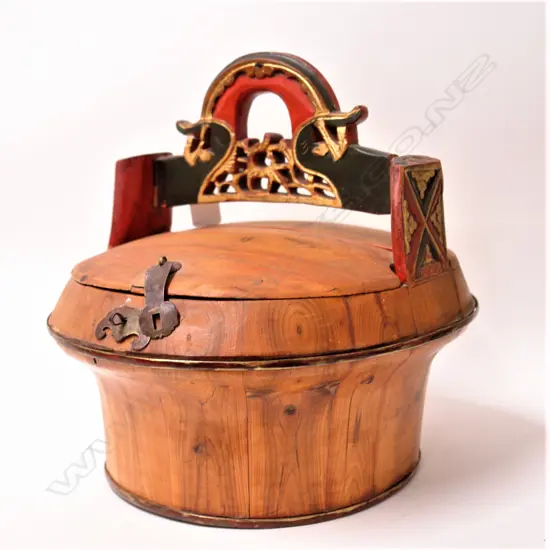 An old Chinese twin flap lidded wooden basket