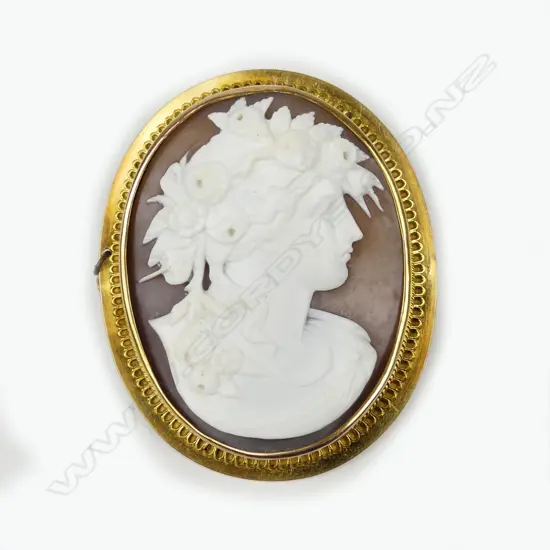 A 19thC finely carved portrait cameo brooch in gilded gold frame