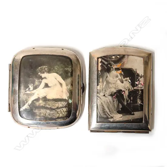 Two Art Deco chrome and risqué printed panel cigarette cases