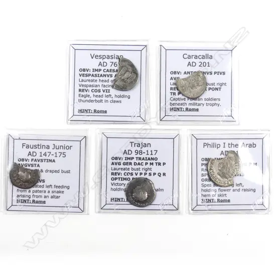 Five ancient Roman denarius coins