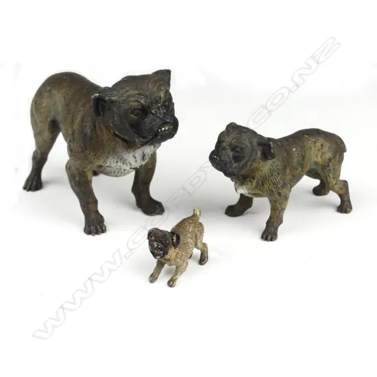 Three miniature cold painted Vienna bronze bulldogs