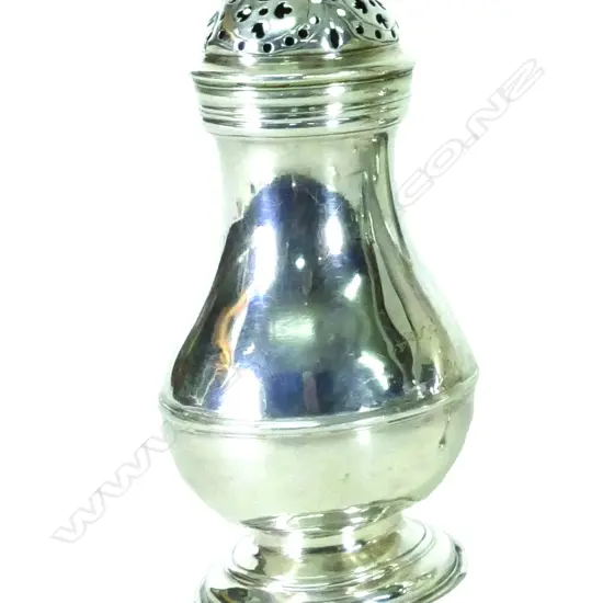 An 18thC English baluster bun-top silver caster