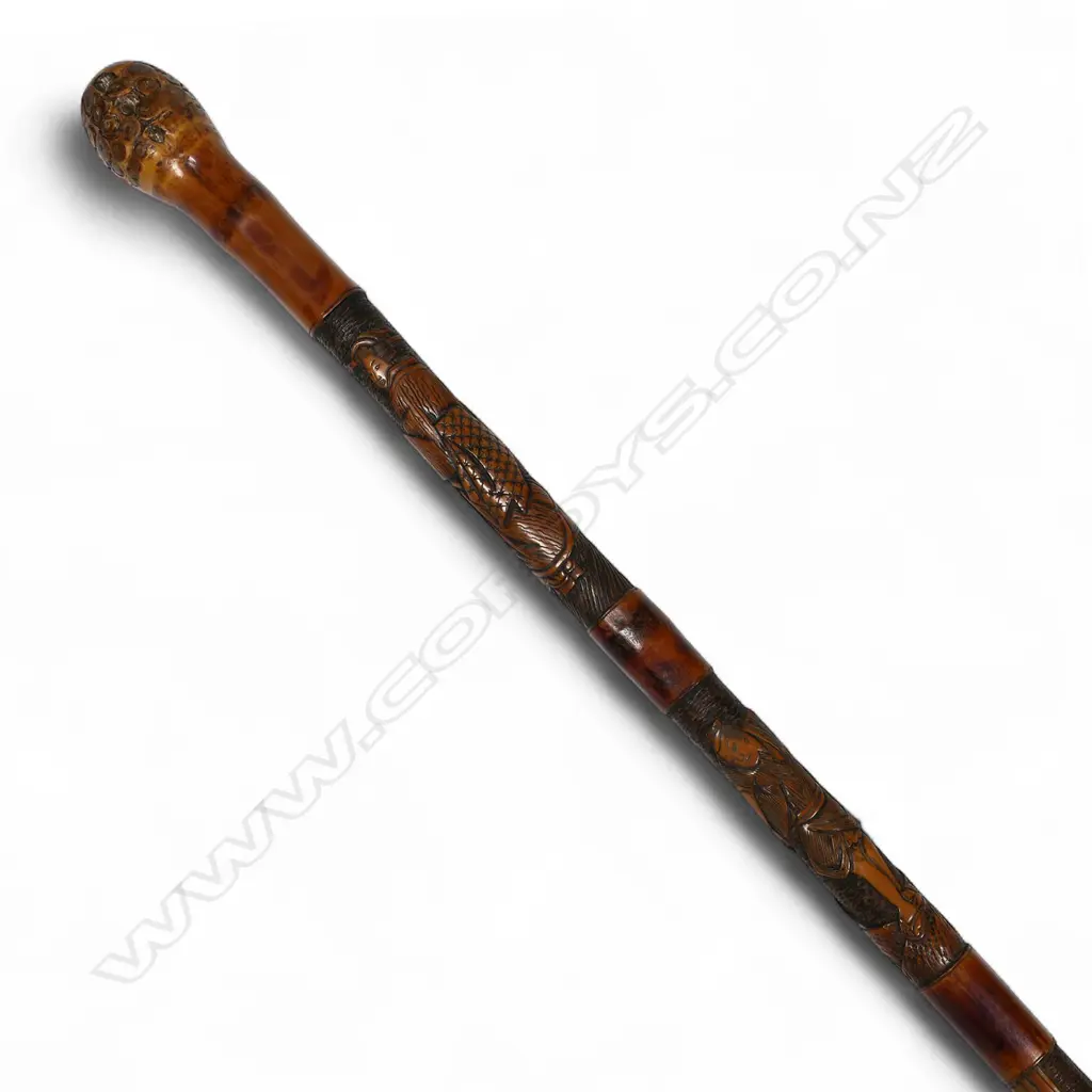 Japanese Meiji carved bamboo walking stick, Image 1++