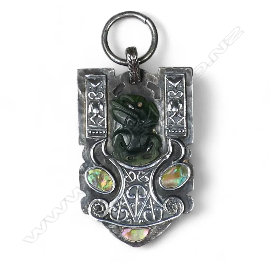 Reuben Watts (1869-1940) N.Z. Arts & Crafts Māori design silver and paua pendant, Image 1++