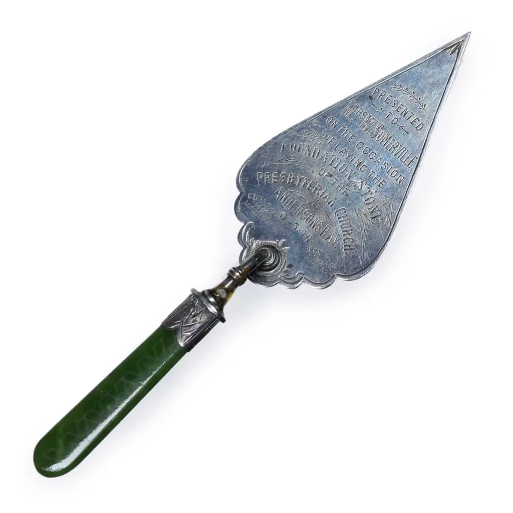 E Souness (Dunedin) silver and greenstone presentation small trowel, Image 1++