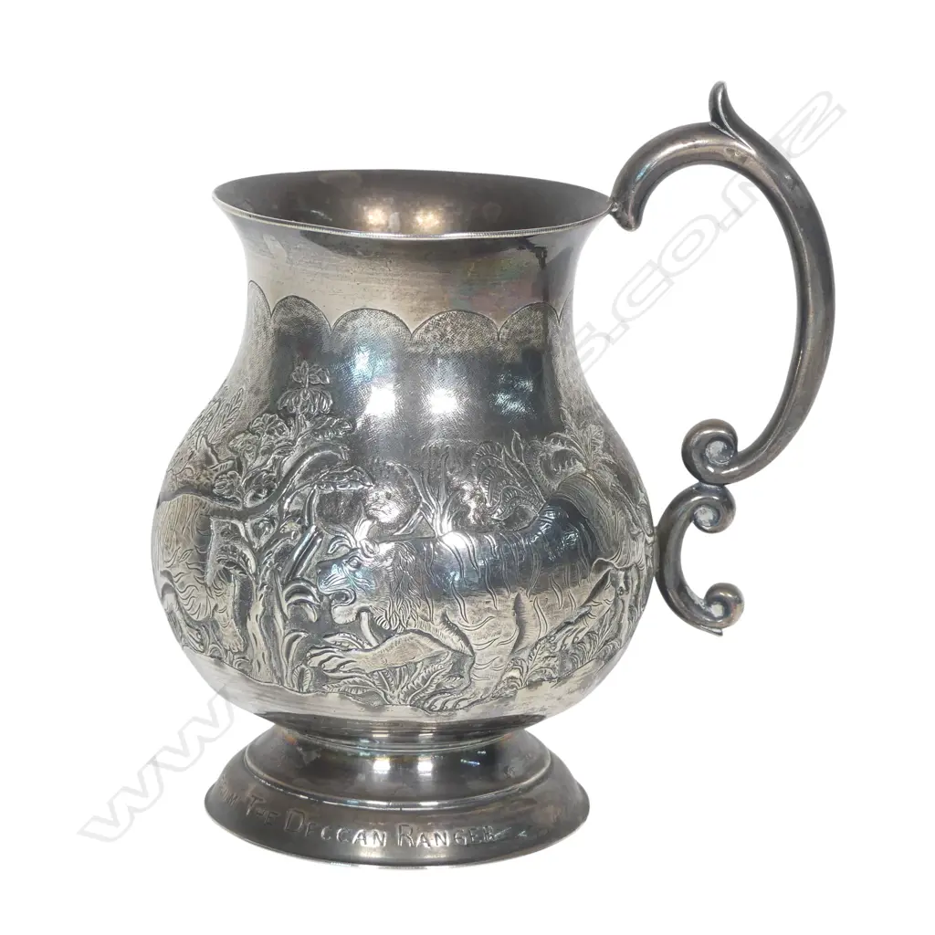 A 19thC heavy Indian colonial silver 'The Deccan Ranger' presentation mug, Image 1++