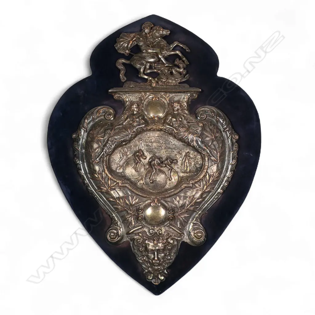 A large 19thC French silver on copper Penny Farthing cycle race shield, Image 1++