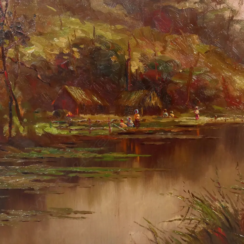 William Allen Bollard (1869-1943) River Scene with Māori settlement, Image 1++