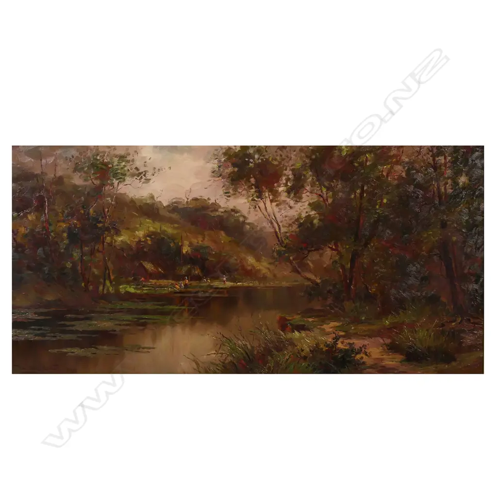 William Allen Bollard (1869-1943) River Scene with Māori settlement, Image 1++