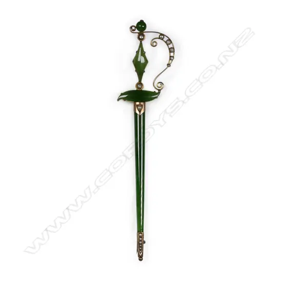A colonial 9ct rose gold and pounamu sword brooch,