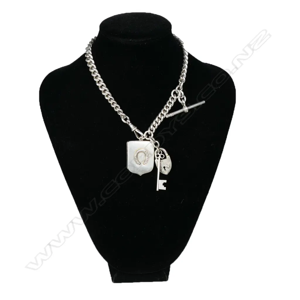 A Victorian heavy curb link fob chain with locket, Image 1++