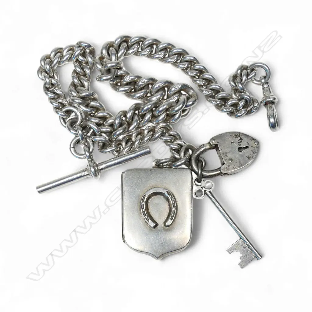 A Victorian heavy curb link fob chain with locket, Image 1++