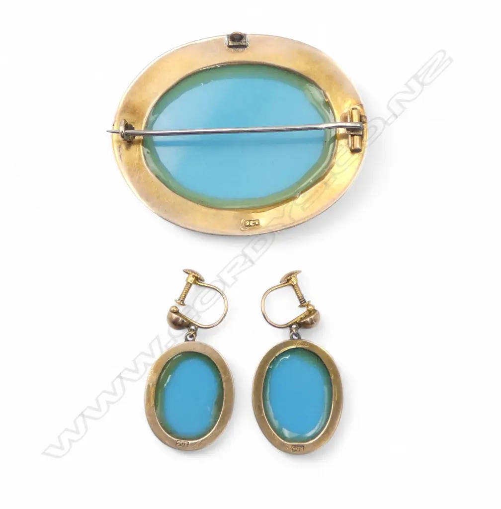 A 19thC 9ct rose gold framed micro mosaic inlaid pale blue glass brooch and earring suite, Image 1++