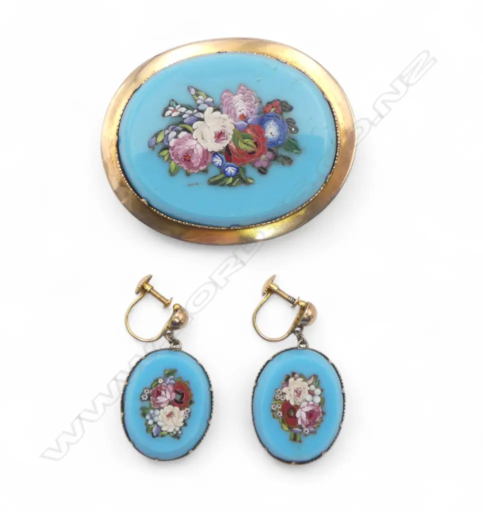 A 19thC 9ct rose gold framed micro mosaic inlaid pale blue glass brooch and earring suite, Image 1++