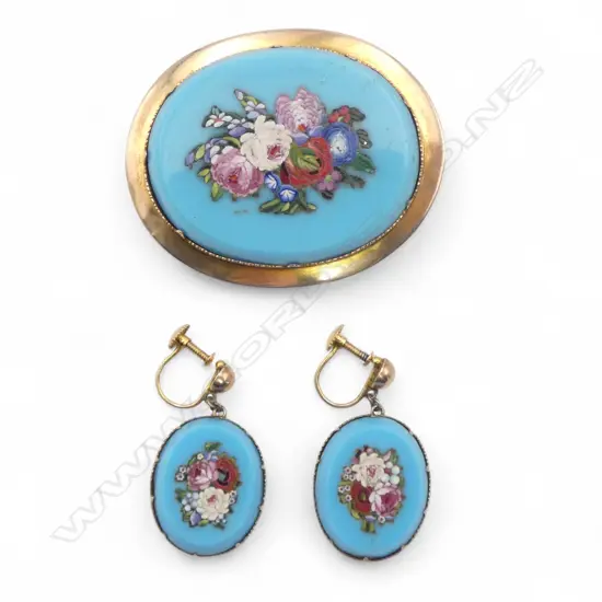 A 19thC 9ct rose gold framed micro mosaic inlaid pale blue glass brooch and earring suite,