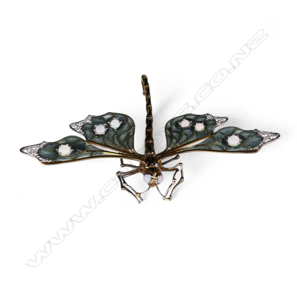 An impressive modern Plique-à-jour 18ct gold opal and diamond dragonfly brooch by Tony Williams, Image 1++
