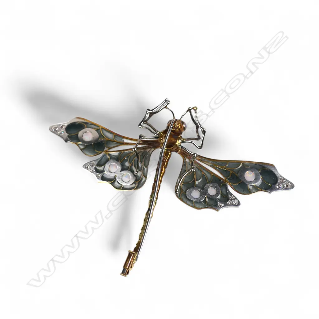 An impressive modern Plique-à-jour 18ct gold opal and diamond dragonfly brooch by Tony Williams, Image 1++