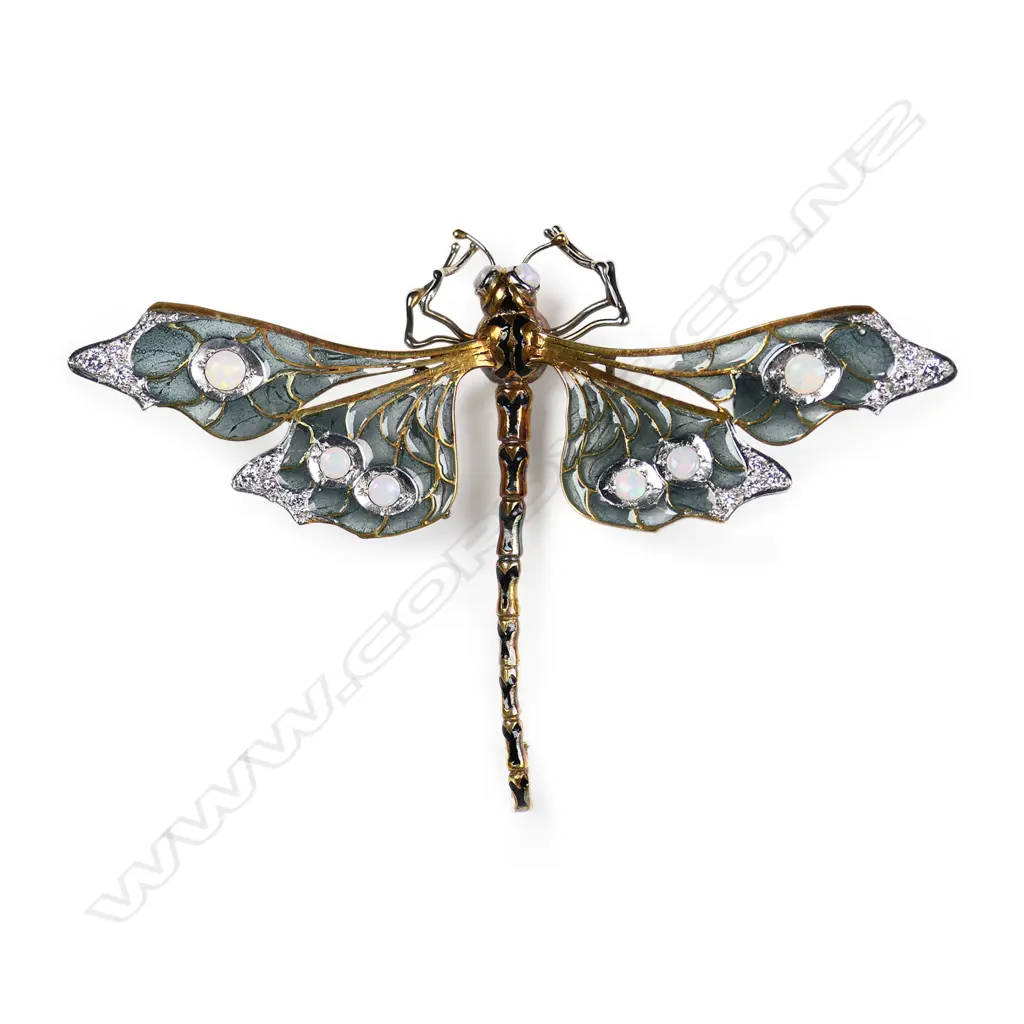 An impressive modern Plique-à-jour 18ct gold opal and diamond dragonfly brooch by Tony Williams, Image 1++