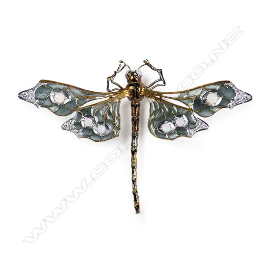 An impressive modern Plique-à-jour 18ct gold opal and diamond dragonfly brooch by Tony Williams,