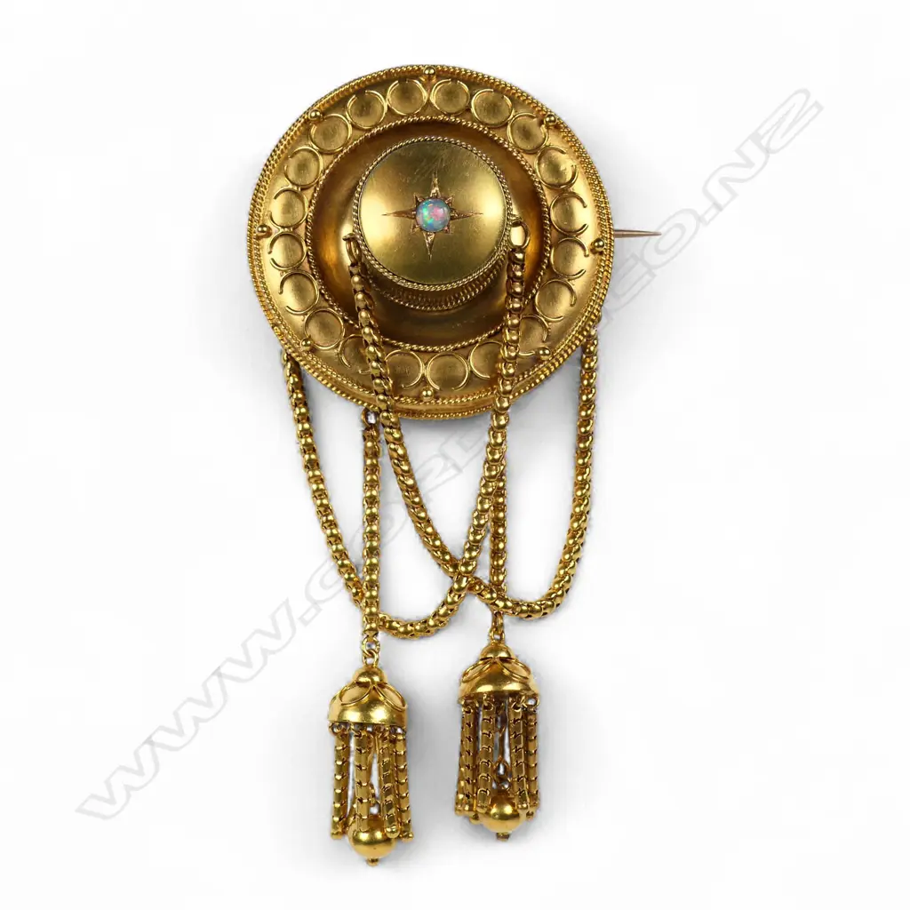 A good Victorian Etruscan style 15ct gold chain and tassel brooch, Image 1++