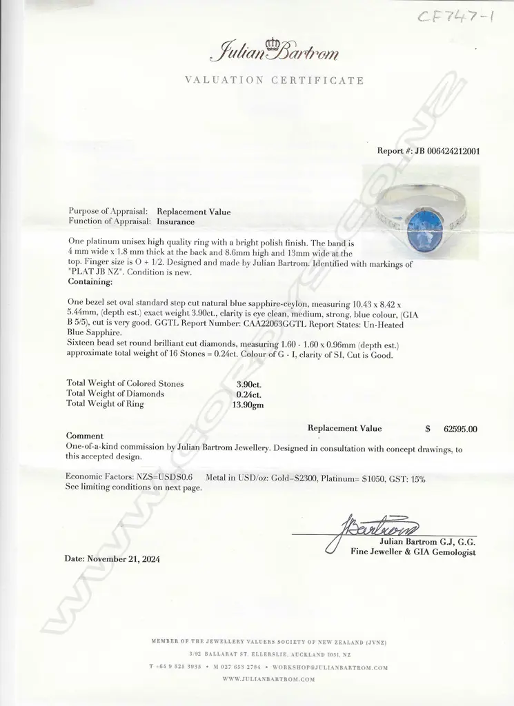 A bespoke Julian Bartrom platinum sapphire and diamond ring, Image 1++