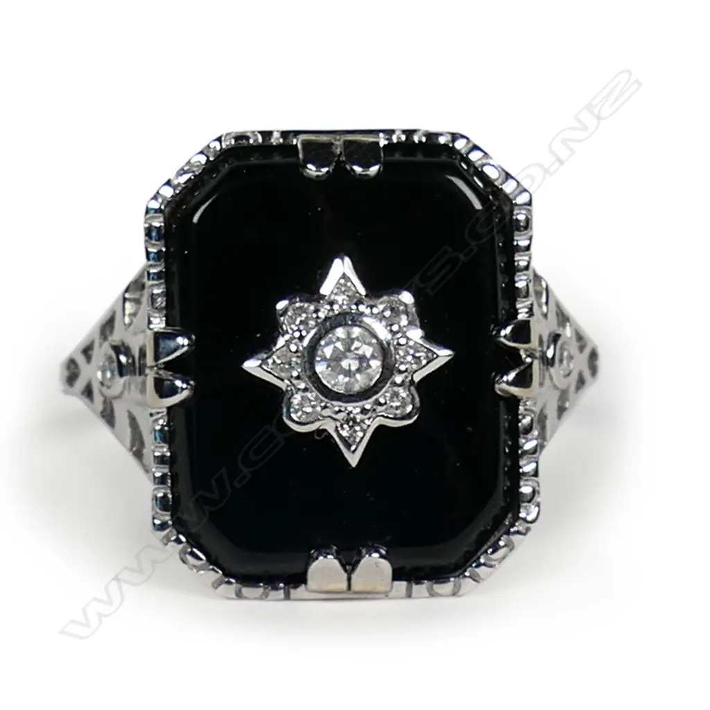 A 14ct white gold onyx and diamond Art Deco style ring, Image 1++