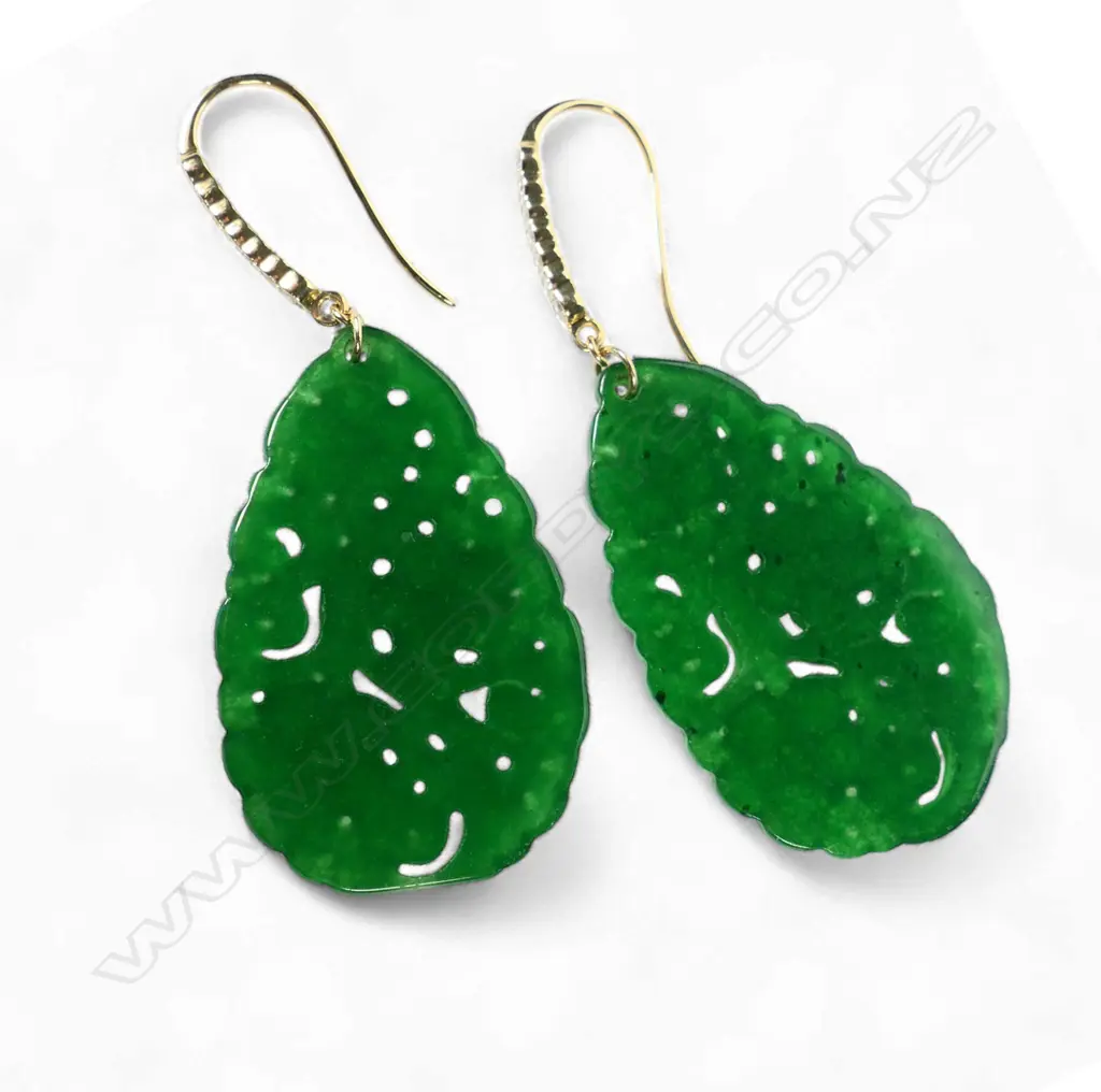 A pair of 14ct gold jade and diamond drop earrings, Image 1++