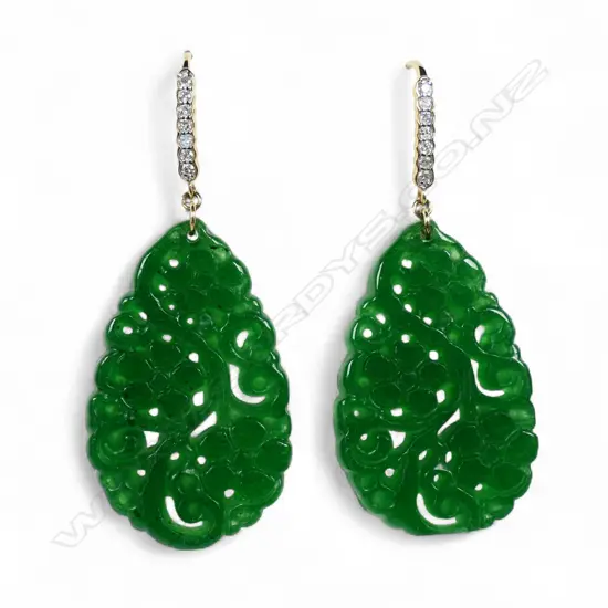 A pair of 14ct gold jade and diamond drop earrings,