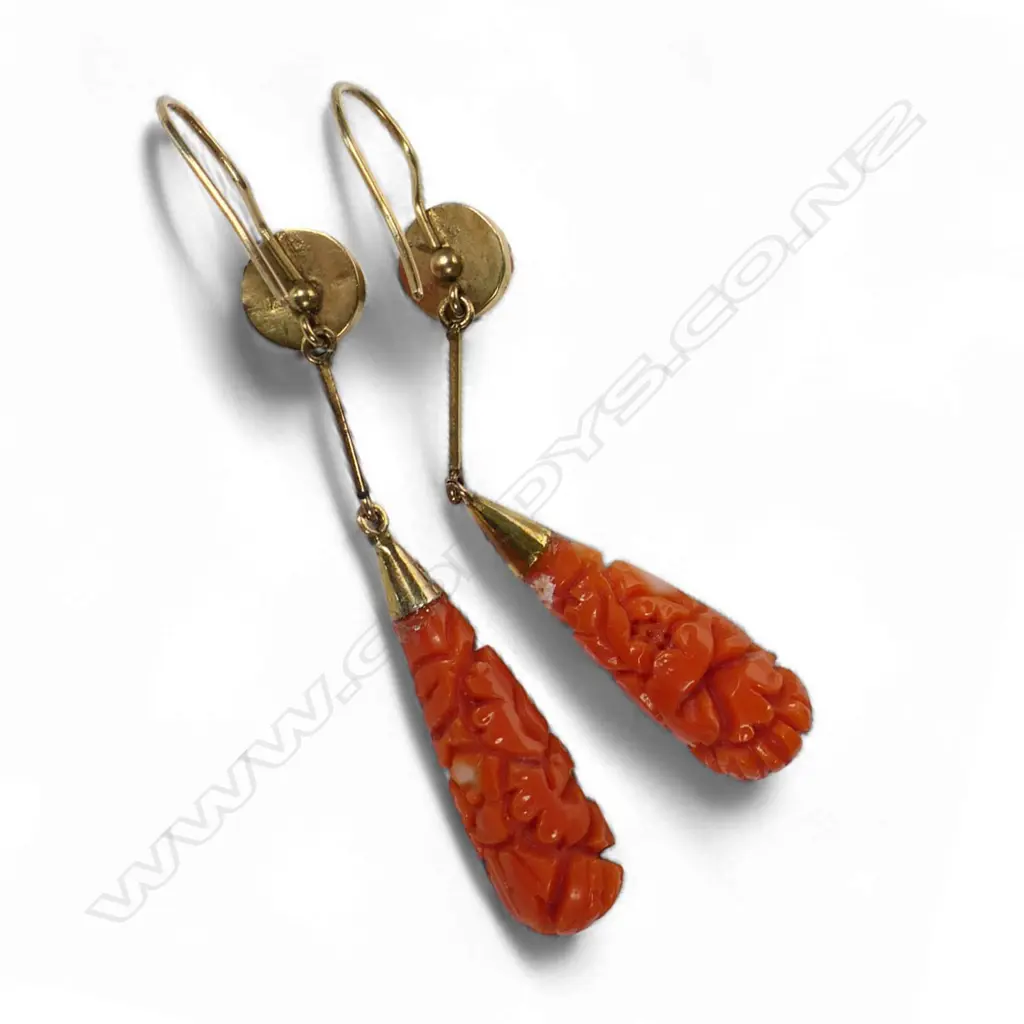 A pair of 9ct gold coral drop earrings, Image 1++