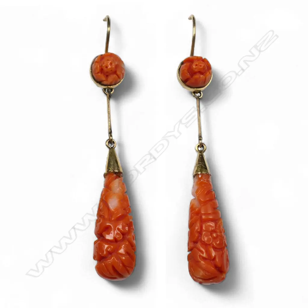 A pair of 9ct gold coral drop earrings, Image 1++