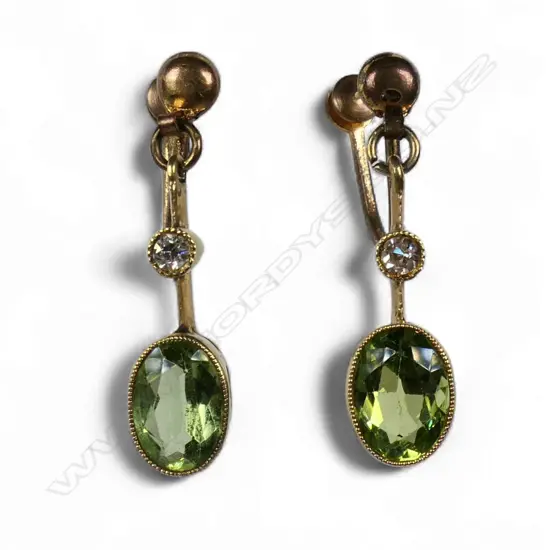 A pair of Edwardian 15ct gold peridot and diamond drop earrings,