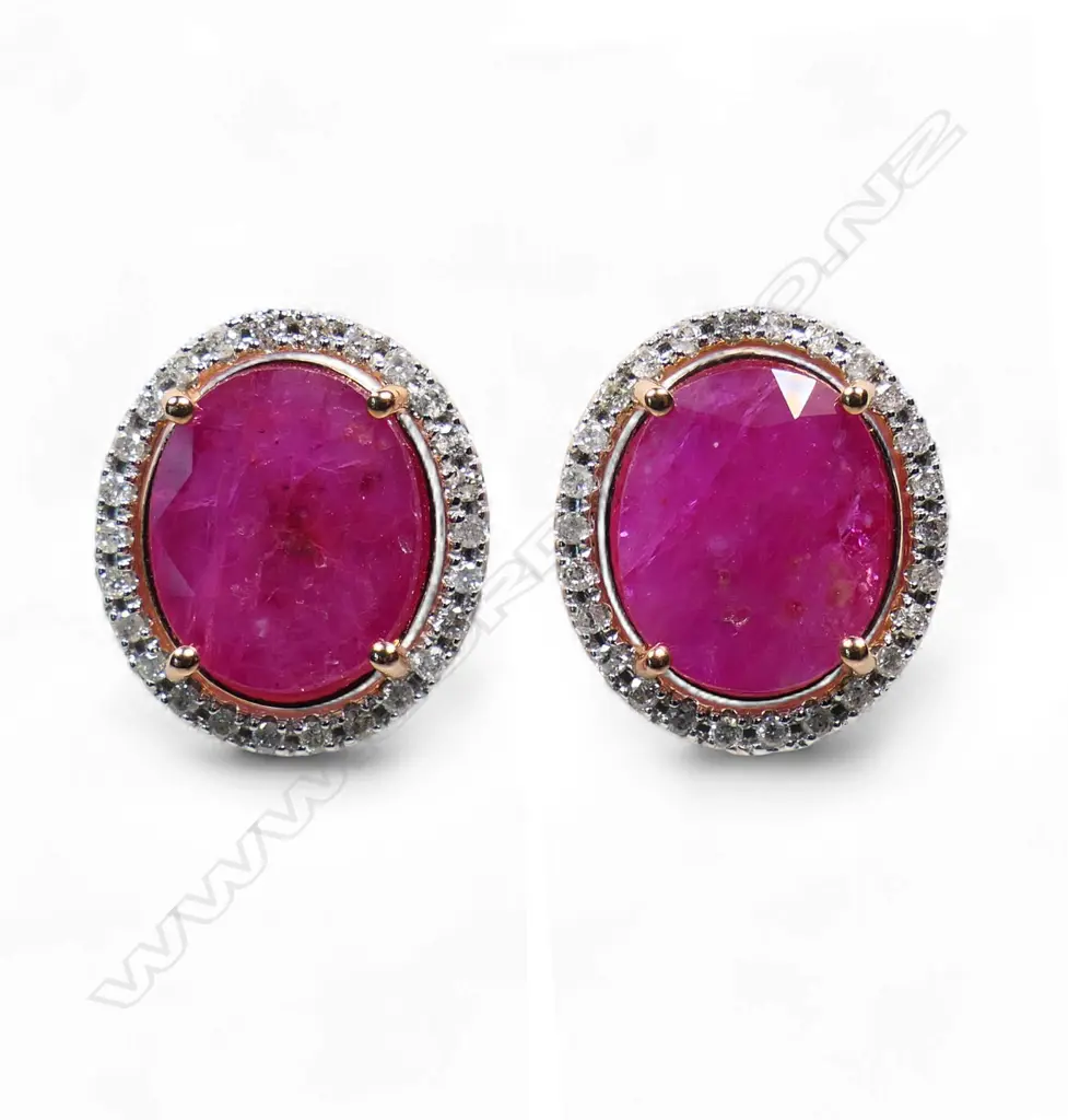 A pair of 14ct rose gold ruby and diamond halo stud earrings, Image 1++